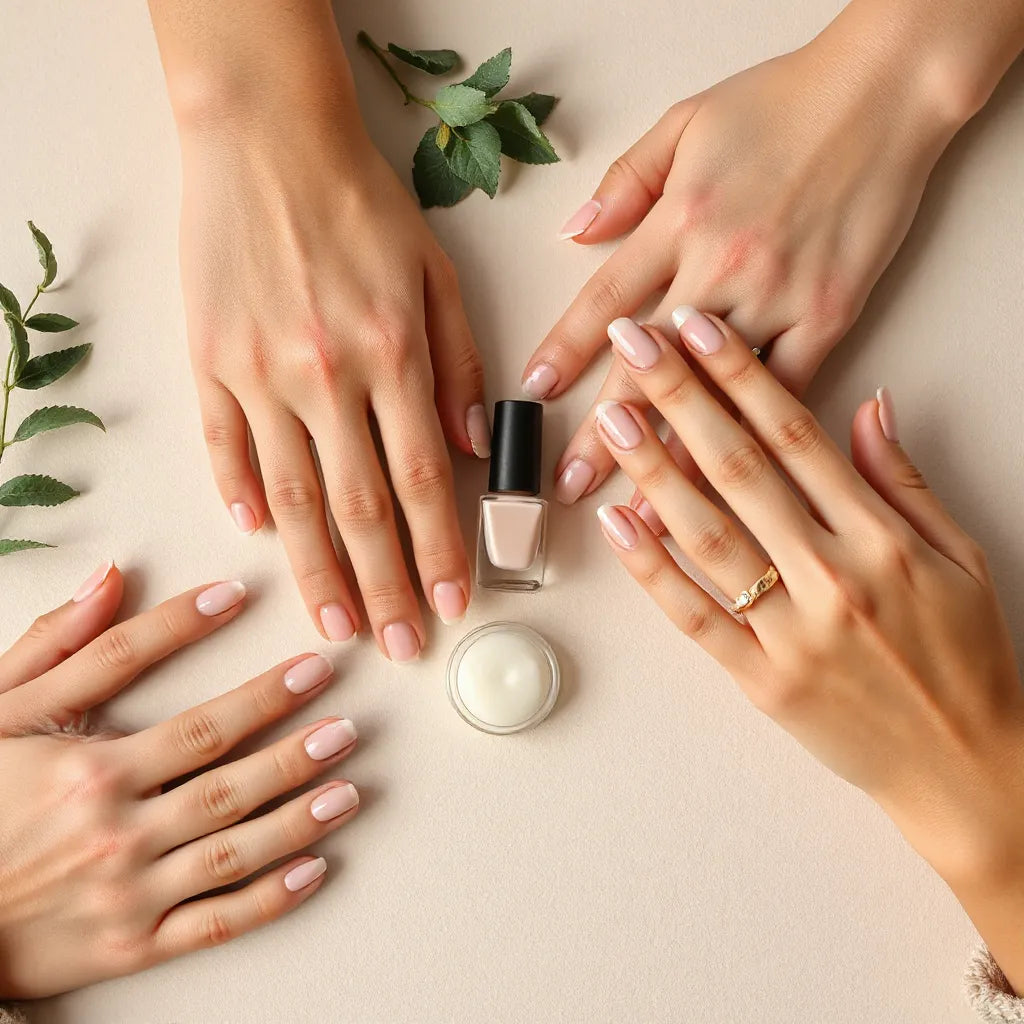 Assorted manicured hands showing glossy nude, ombre, and minimal accent nail fashion on a neutral background