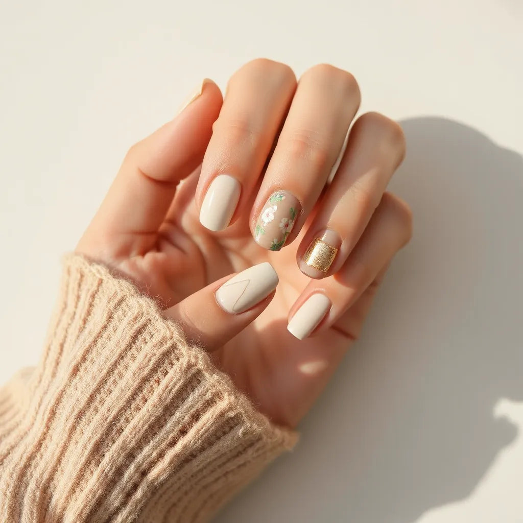 Woman’s hands showing several trendy nail designs with glossy finishes on a neutral background