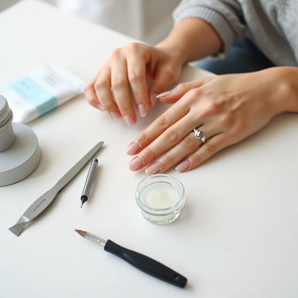 Hands applying press-on nails with nail prep tools on a clean vanity surface