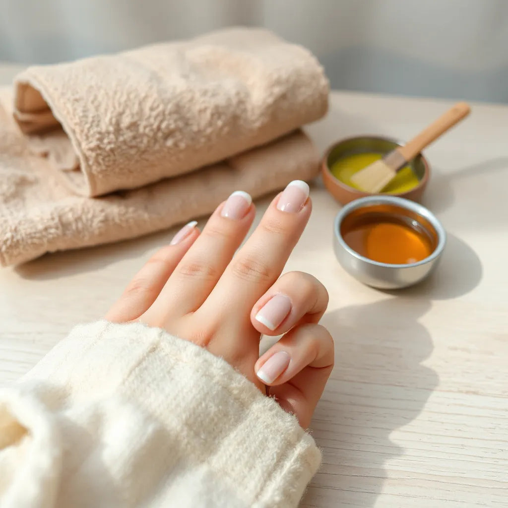 Hand with clean, glossy salon-style nails and tidy cuticles on a minimalist manicure setup