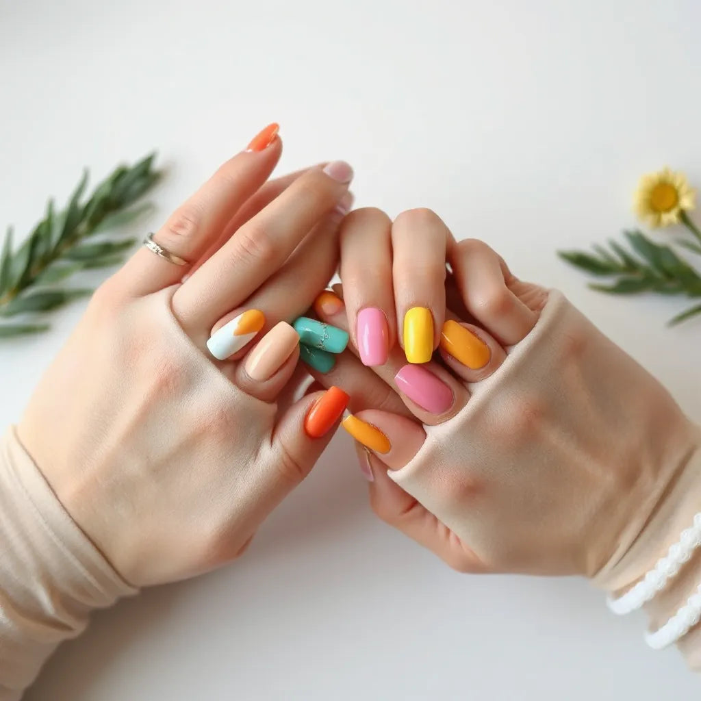 Hands with vibrant glossy colorful press-on nails on a clean neutral background