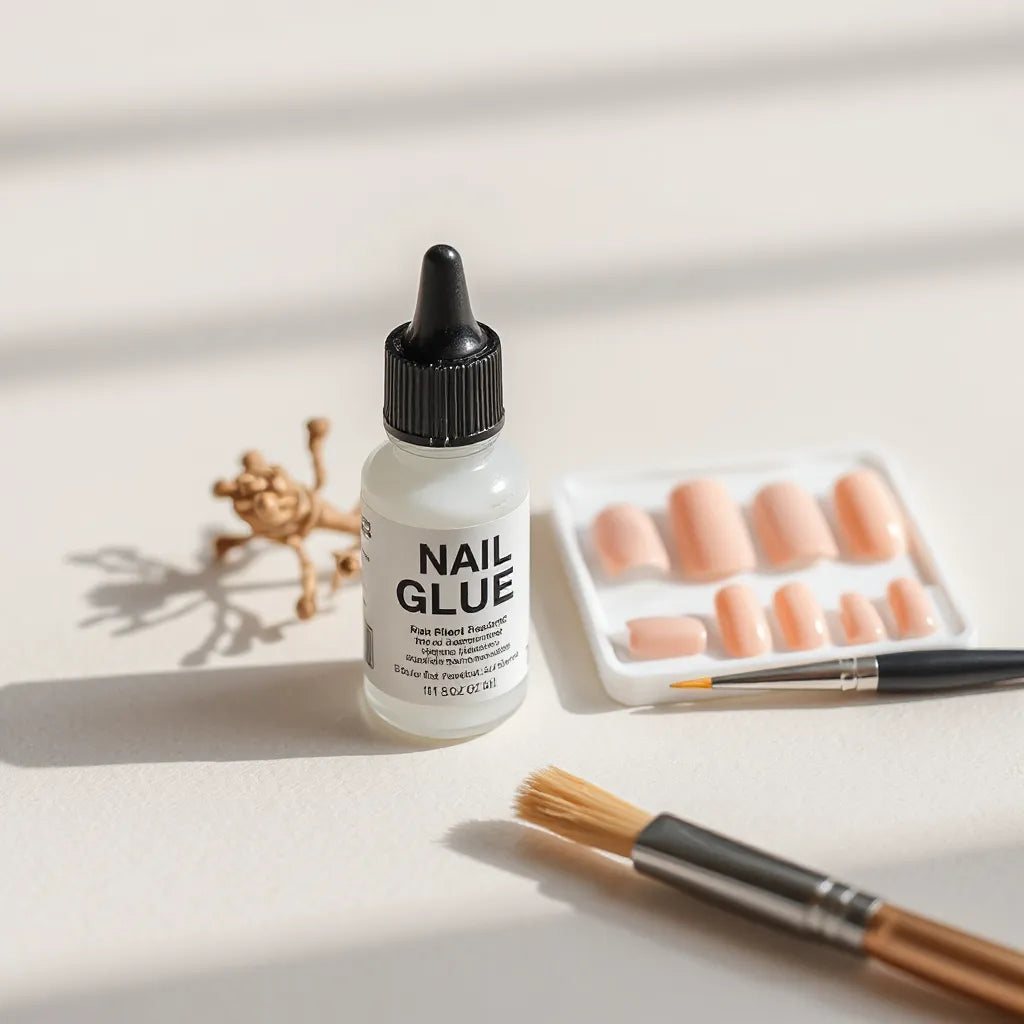 Nail glue bottle beside press-on nails and a nail brush on a clean manicure surface