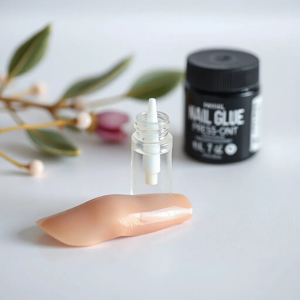 Close-up of a nail glue bottle applicator holding a press-on nail edge for strong adhesion