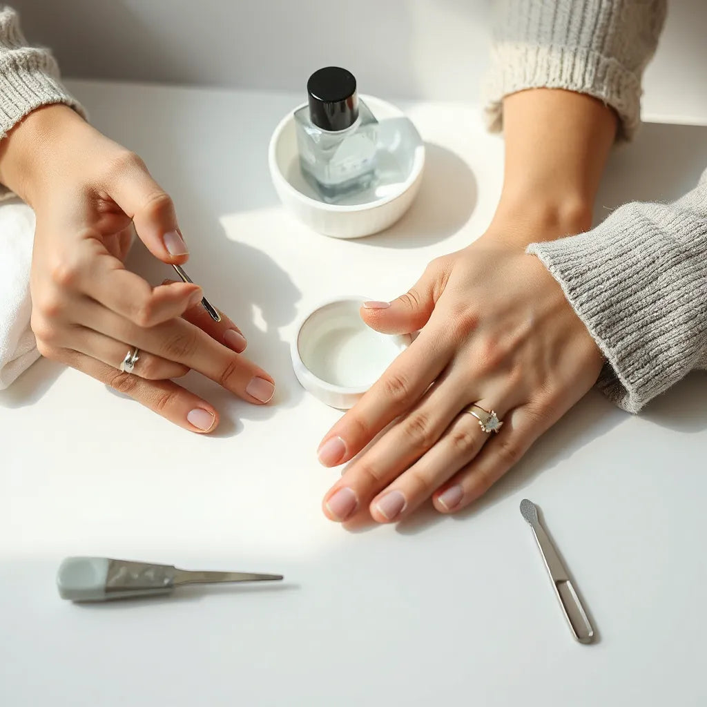 Hands applying press on nails on a clean vanity with tools nearby