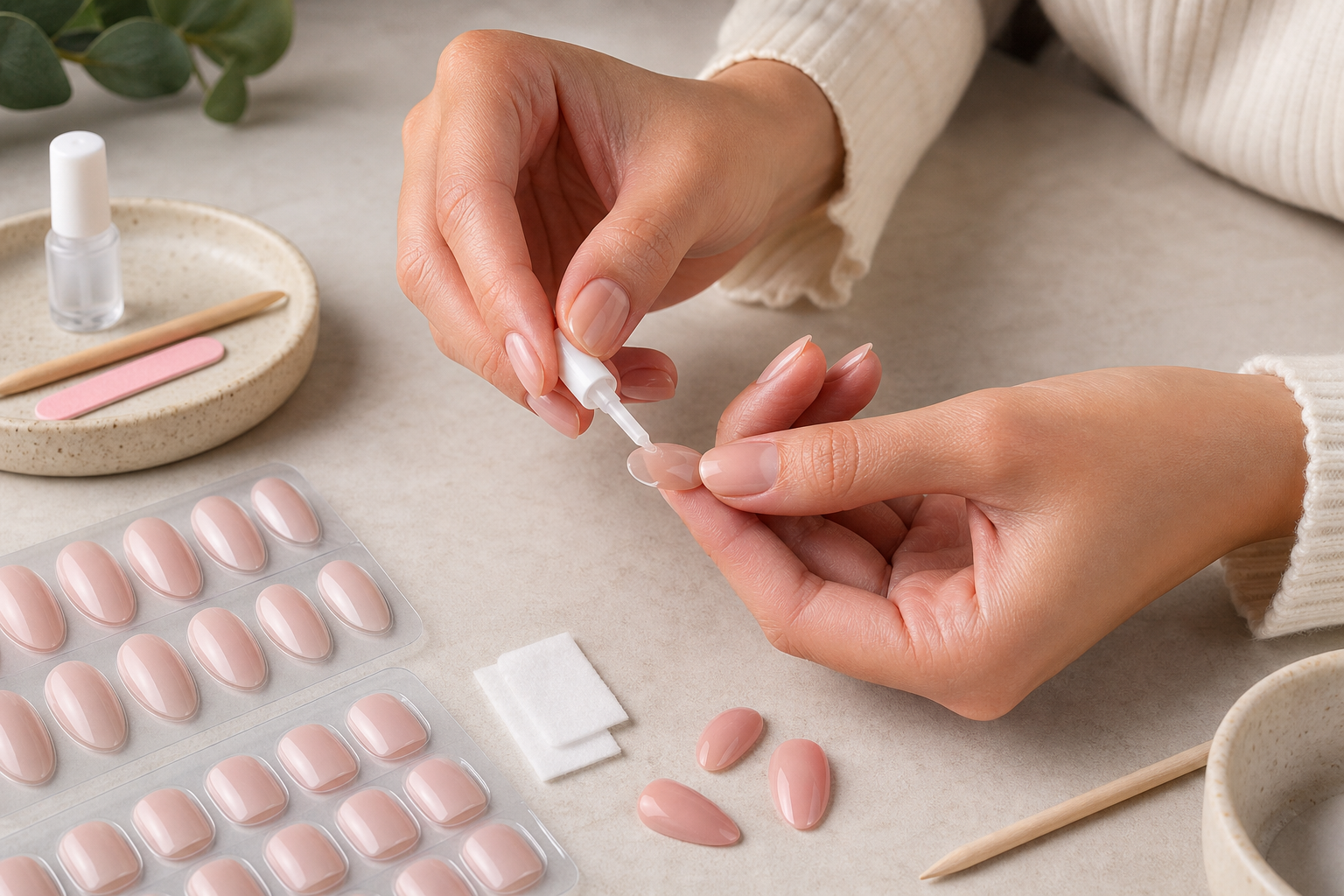 Hands applying glue-on press-on nails with nail glue and prep tools on a neutral surface
