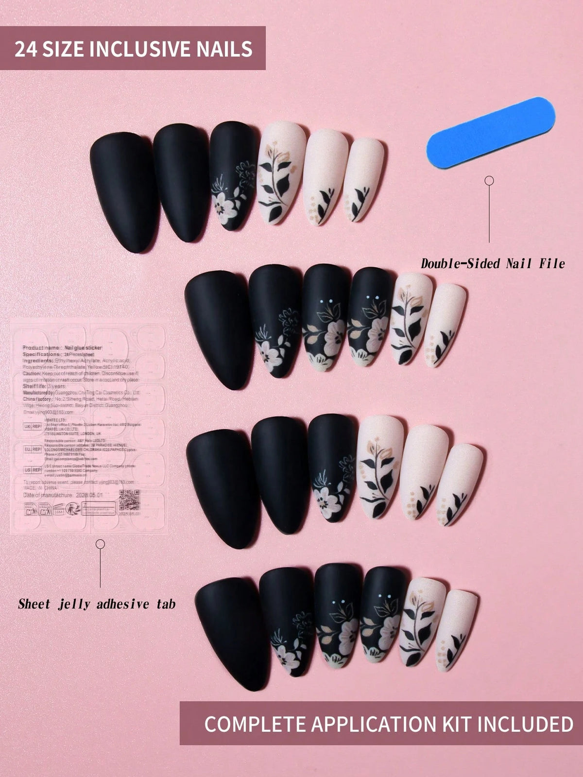 Dark Garden - 24 PCS Medium Almond Press on Nails - GlamGrip Beauty