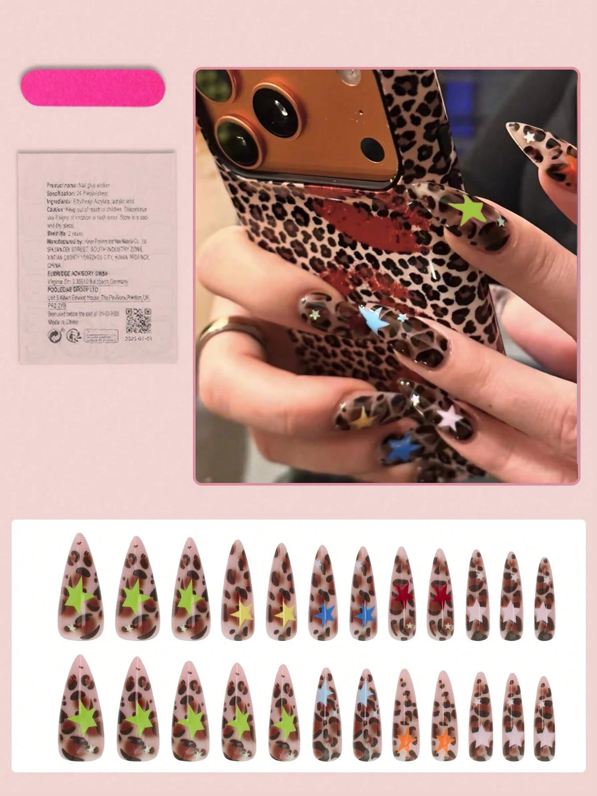 Long Almond Press On Nails - Leopard Stars Set of 24 - GlamGrip Beauty