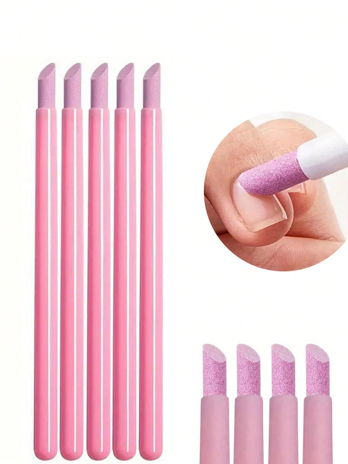 Set of pink ear cleaning tools with close-up of one tool in use.