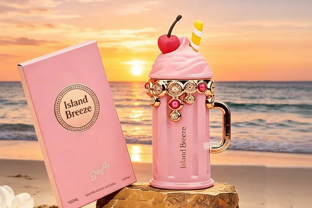Pink Island Breeze Armaf Breeze spray packaging box and matching pink whipped-cola-style mug with gold trim, a cherry topper, and a striped straw, displayed on rocks at a beach sunset.