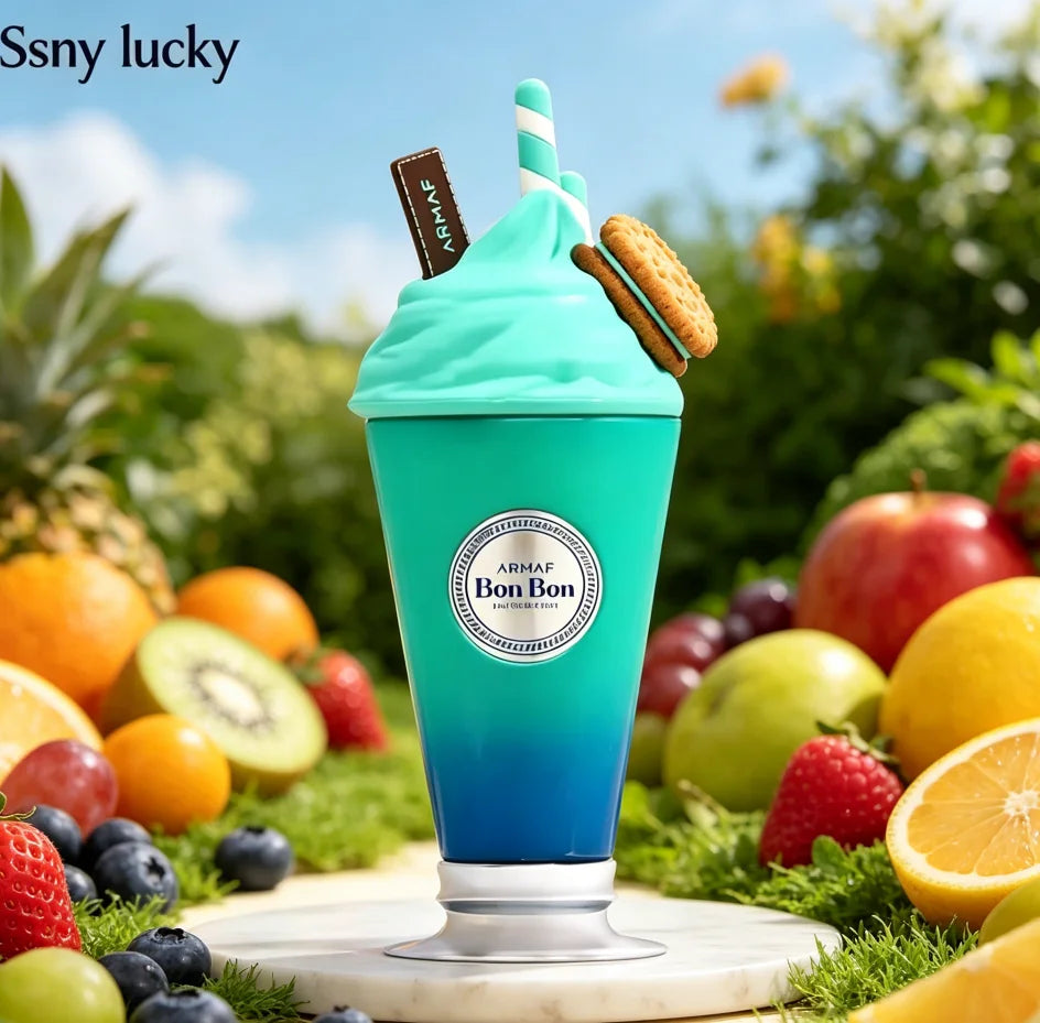 Blue and green ice cream cup with cookies and a straw on a table surrounded by fruits.