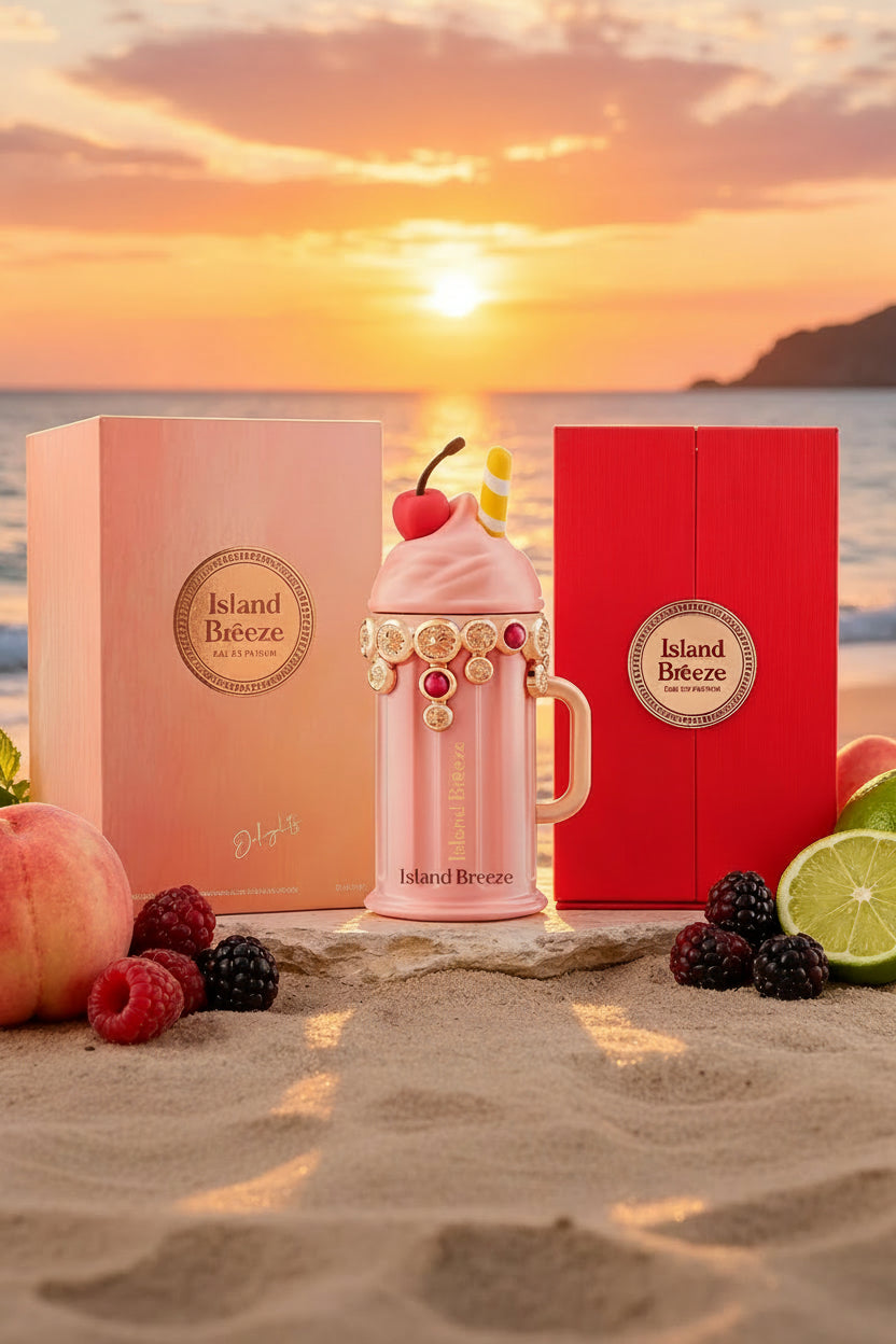 A pink insulated tumbler with a handle and cherry topper stands on a beach at sunset beside two branded ARMAF Island Breeze boxes, with peaches, berries, and lime slices in the foreground.