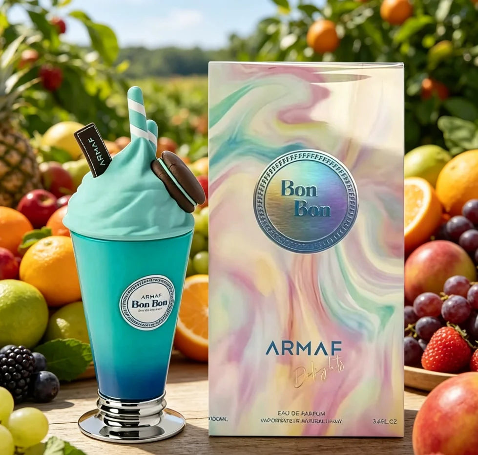 ARMAF Bon Bon perfume bottle and packaging with a fruit background