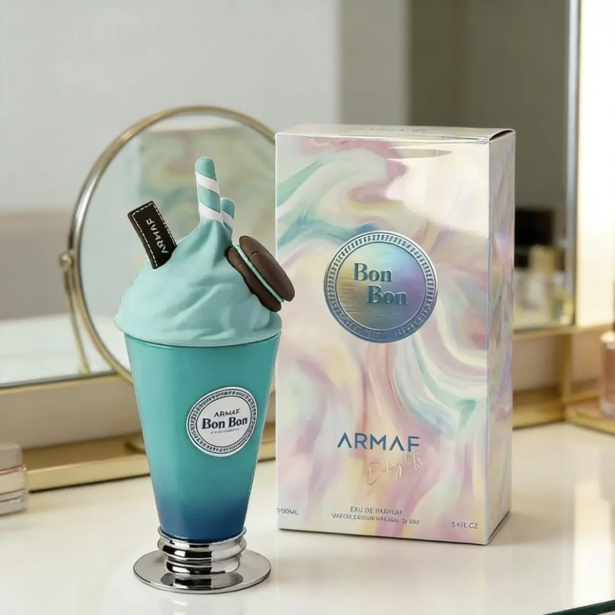Blue and green perfume bottle with 'Armaf' packaging on a reflective surface.
