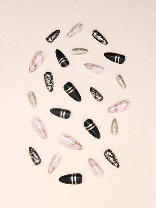 Set of black, pink, and gold nail art designs on a beige background