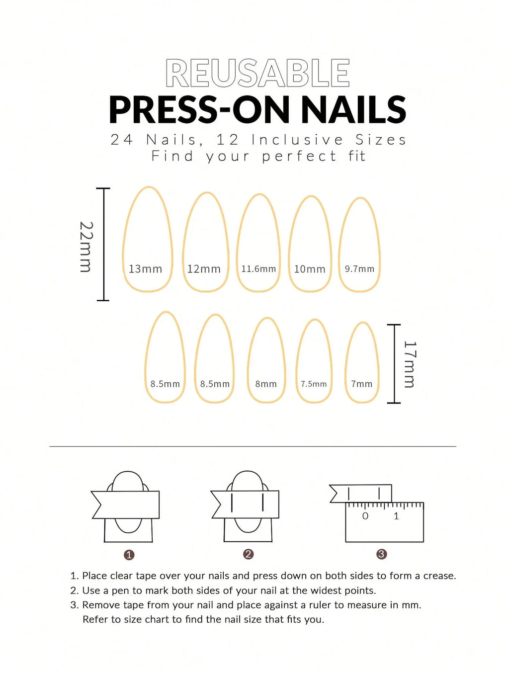 Instructions for using reusable press-on nails with size chart on a white background