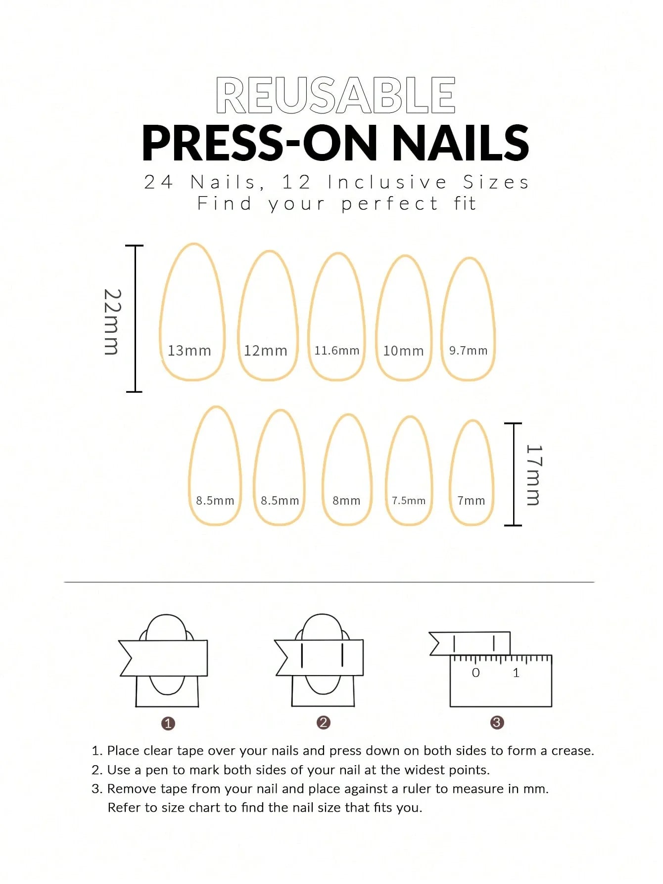 Instructions for using reusable press-on nails with size chart on a white background