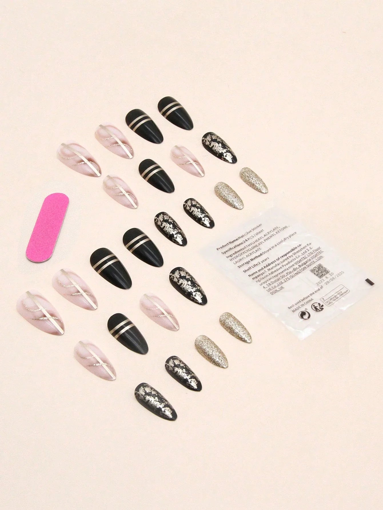 Set of black, gold, and pink nail art designs with a pink bandage and white label on a beige background.