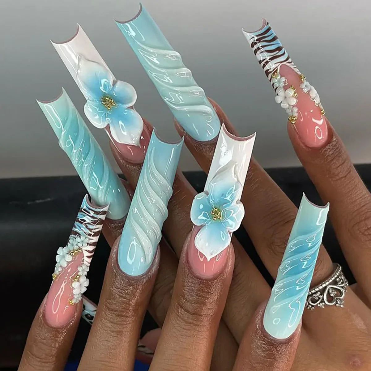 Bahamas Blue - Medium Long Square Press on Nails - GlamGrip Beauty