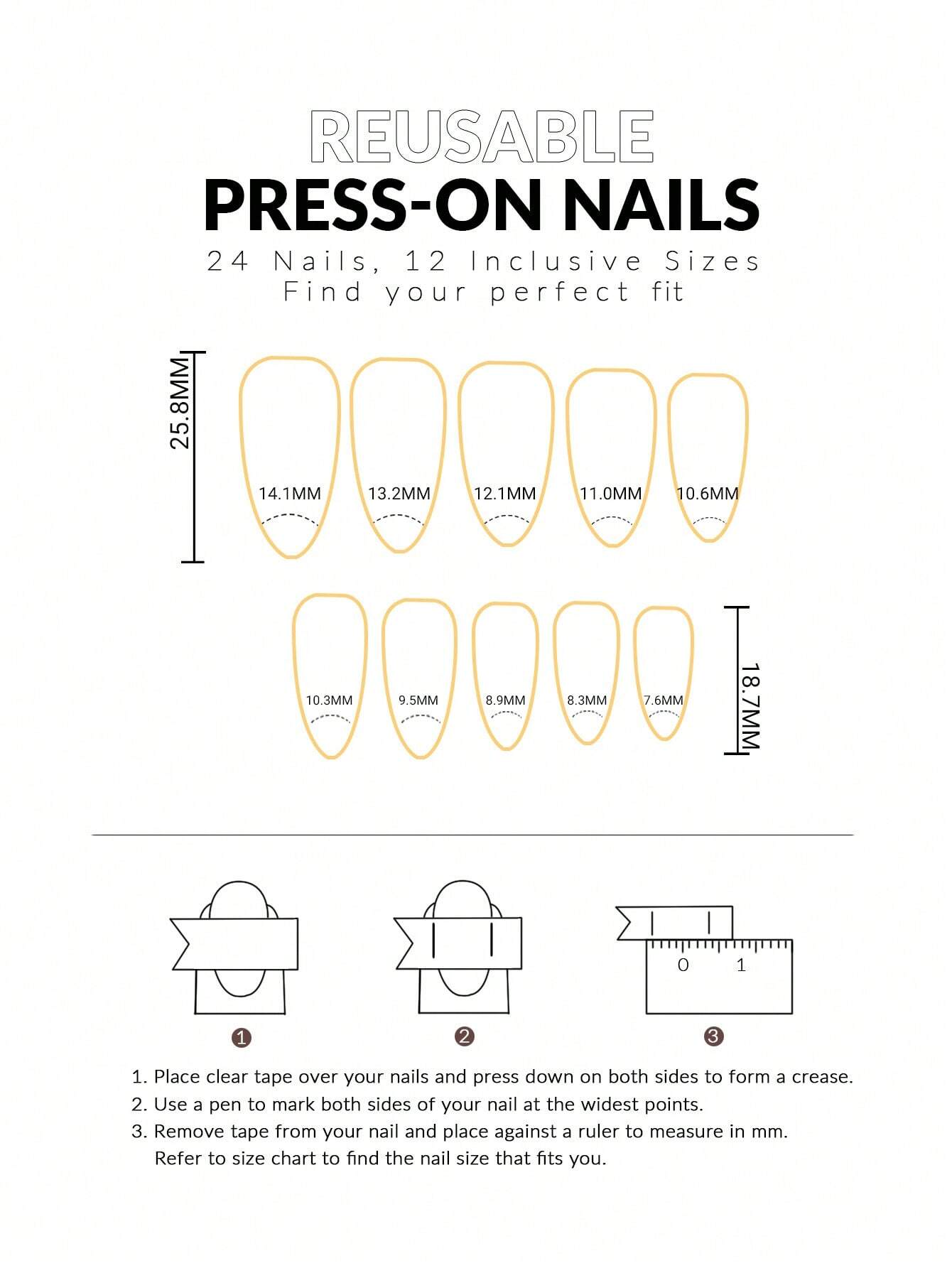 Instructions for using reusable press-on nails with size chart and measurement guide.