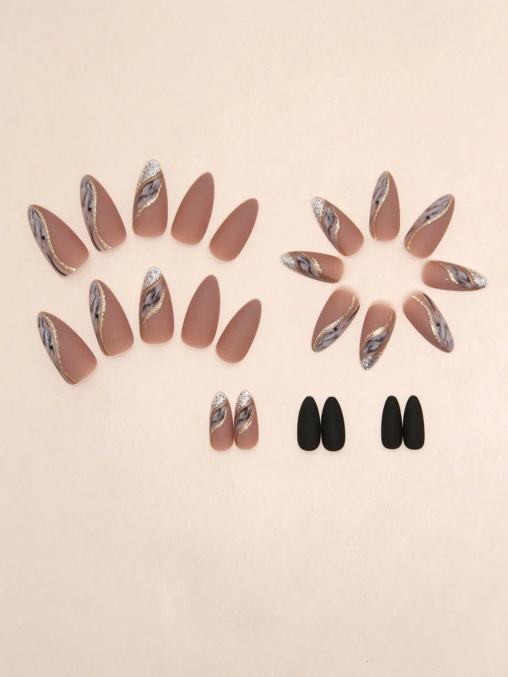 Set of brown and black nail art designs on a beige background