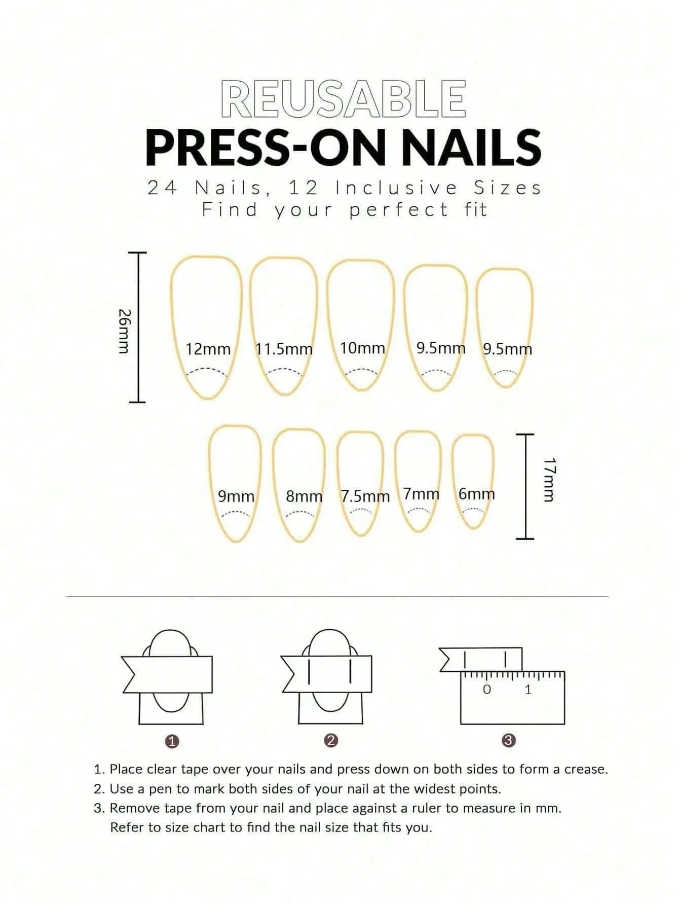 Instructions for using reusable press-on nails with size chart on a white background