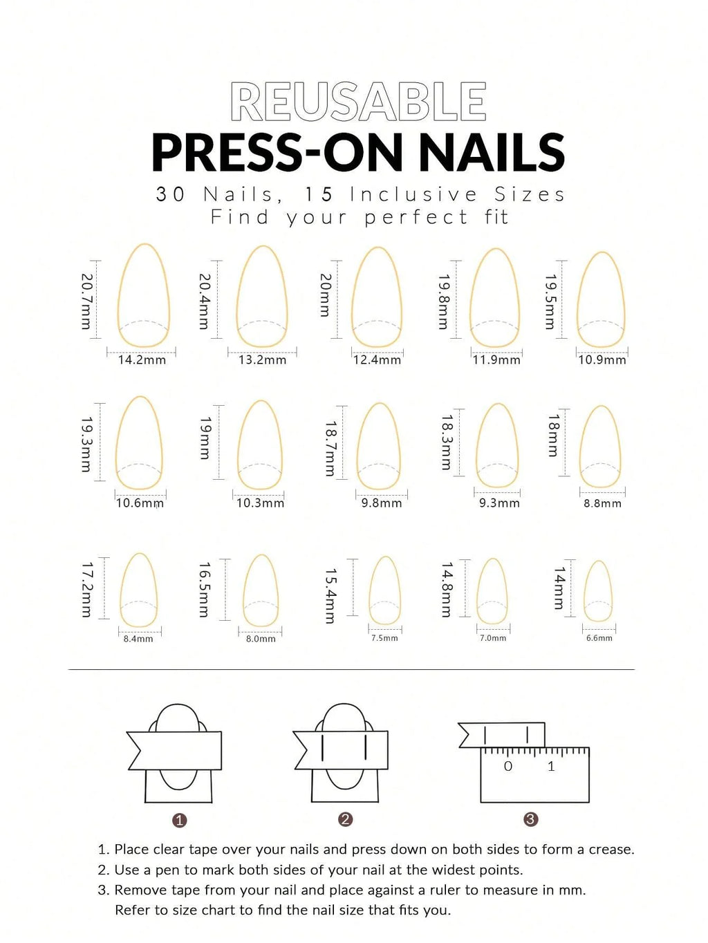 Chart showing sizes of reusable press-on nails with measurements in millimeters.