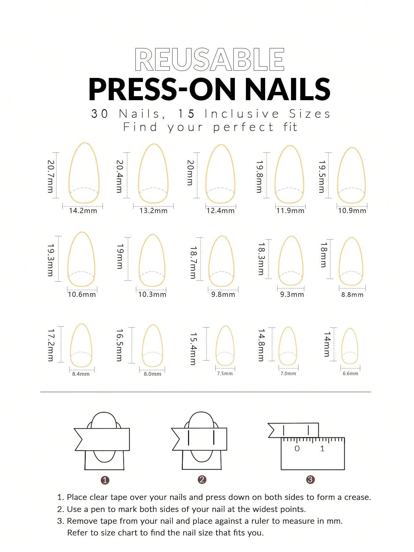 Chart showing sizes of reusable press-on nails with measurements in millimeters.