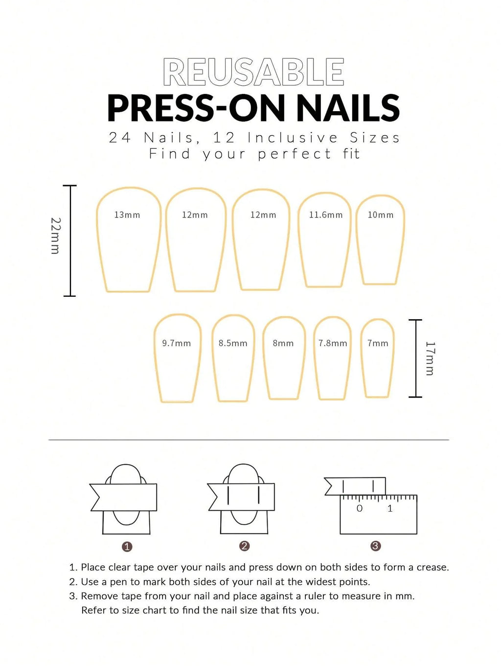 Instructions for using reusable press-on nails with measurements and diagrams.