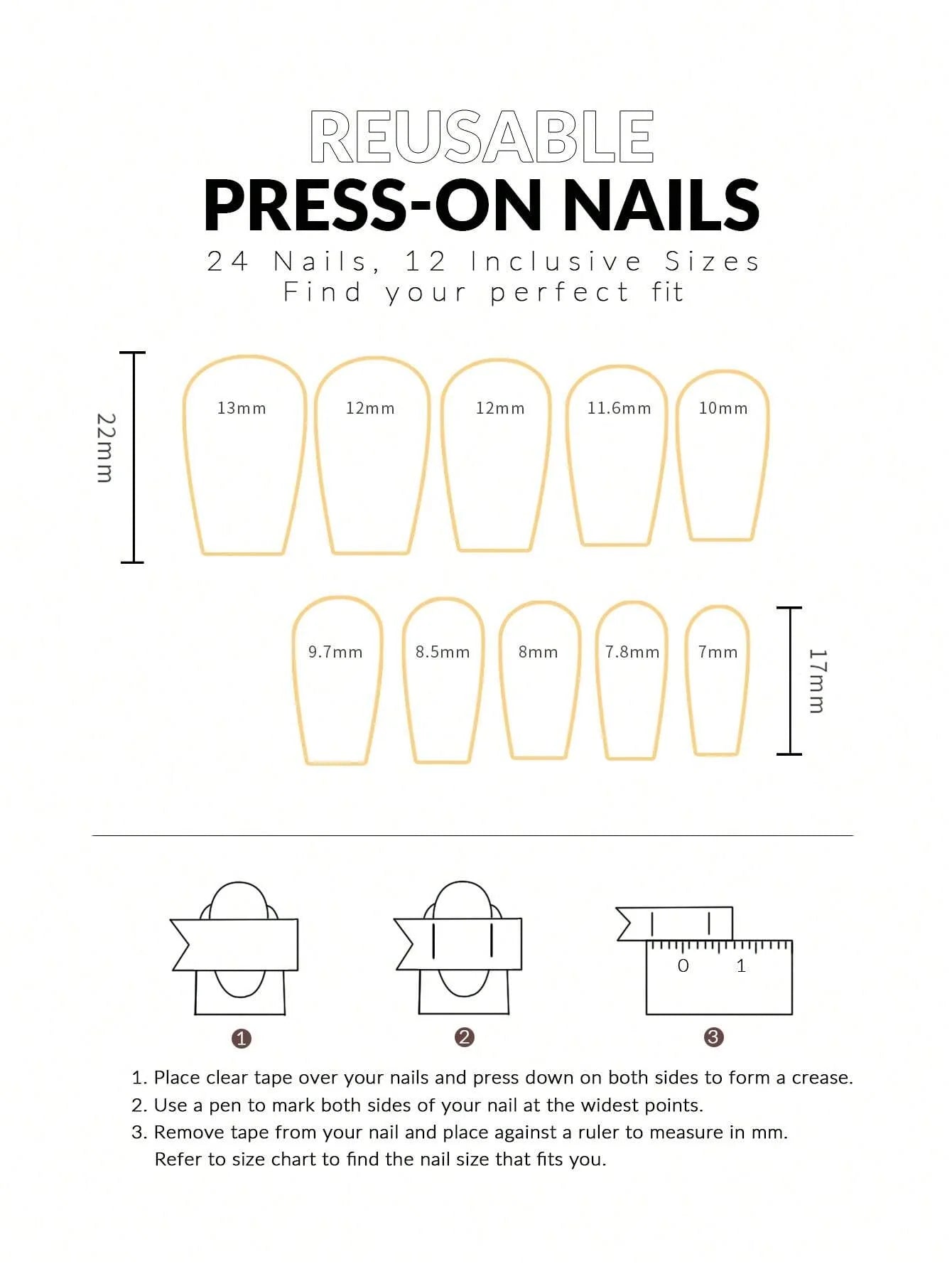 Instructions for using reusable press-on nails with measurements and diagrams.