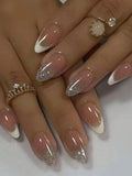 Nails with pink and silver glitter design on a white background