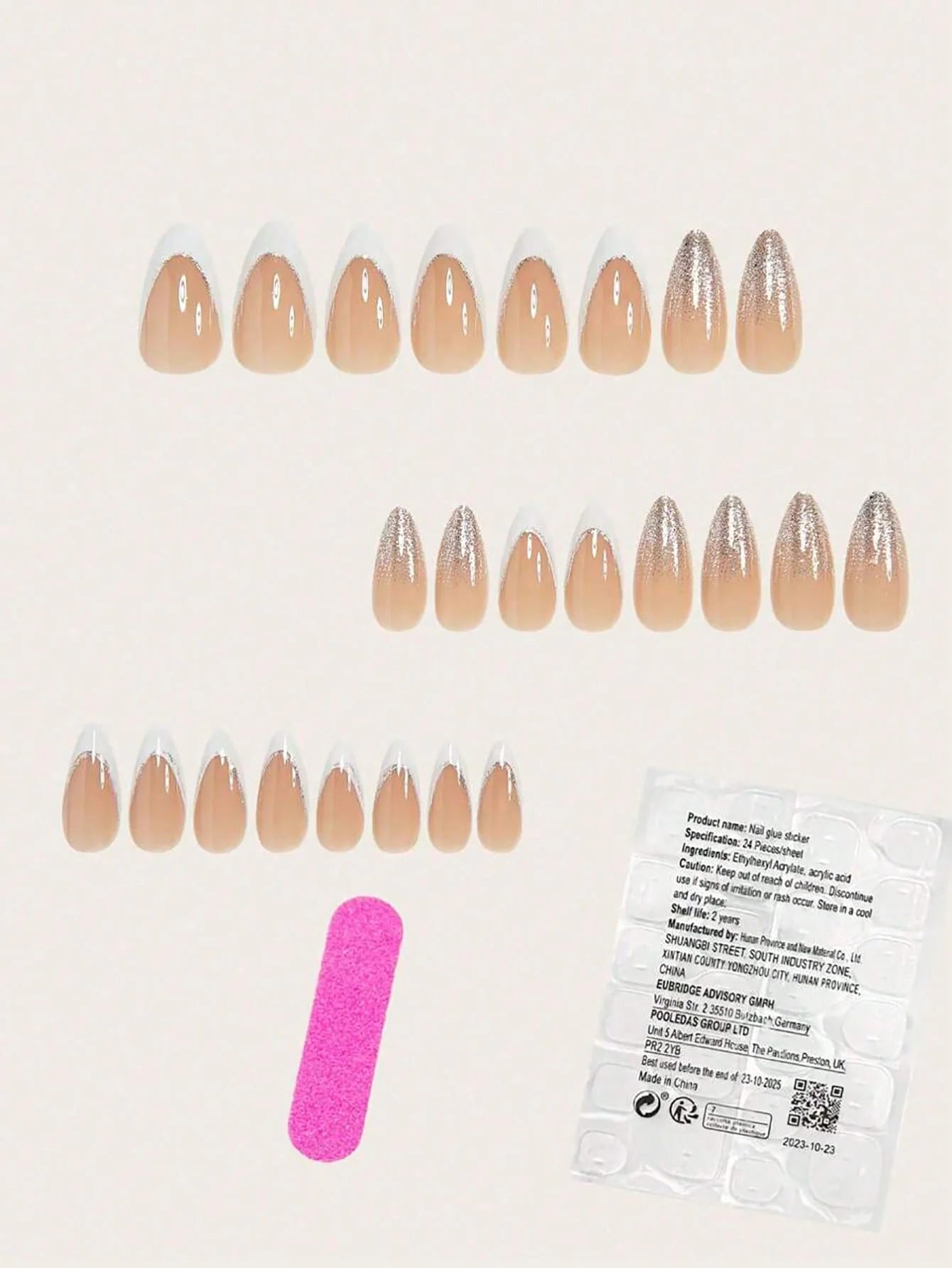 Set of beige press-on nails with a pink cuticle stick and clear packaging on a light background