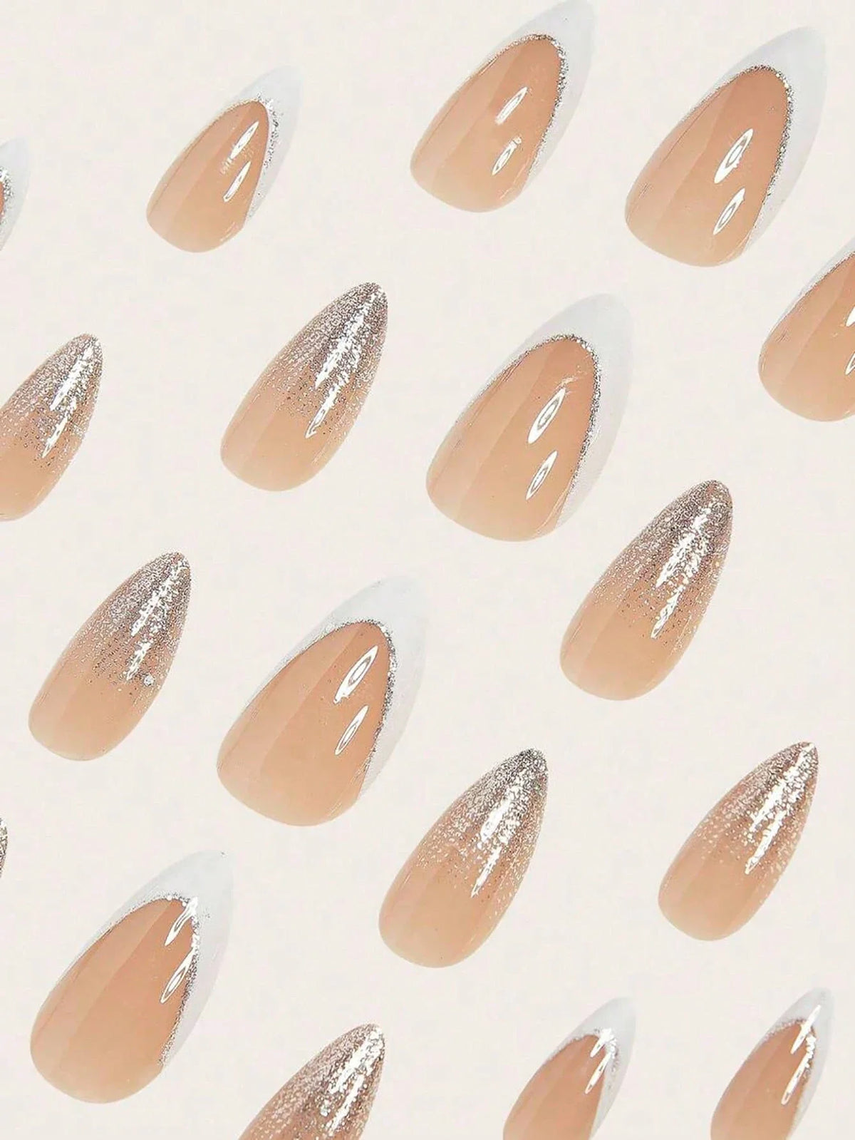 Fashionable Glitter - 24 Set Almond-Shaped White Glitter French Press on Nails - GlamGrip Beauty