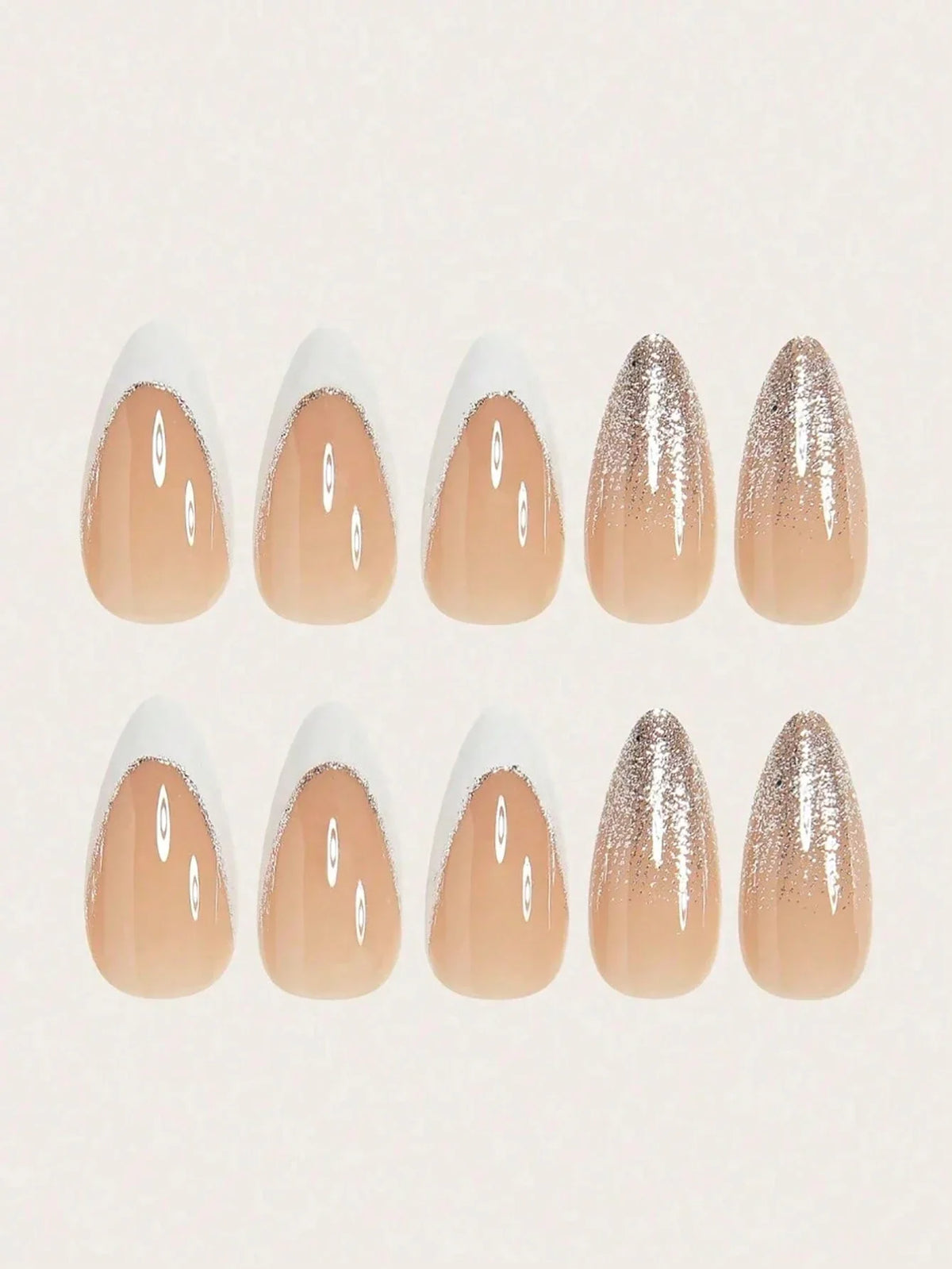 Fashionable Glitter - 24 Set Almond-Shaped White Glitter French Press on Nails - GlamGrip Beauty
