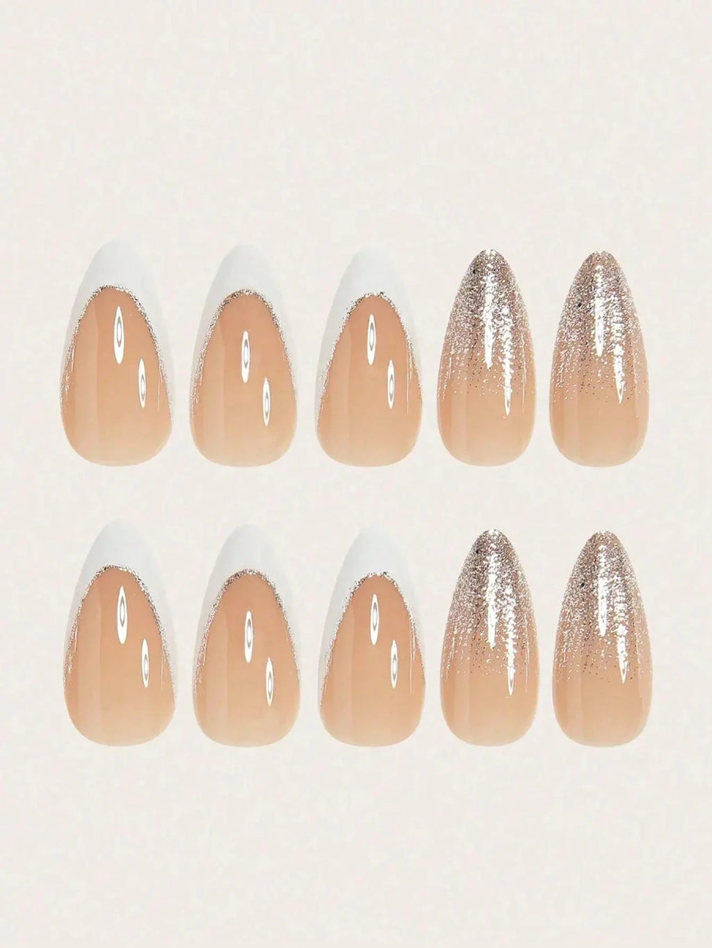 Set of nail art samples with beige and silver gradient designs on a white background