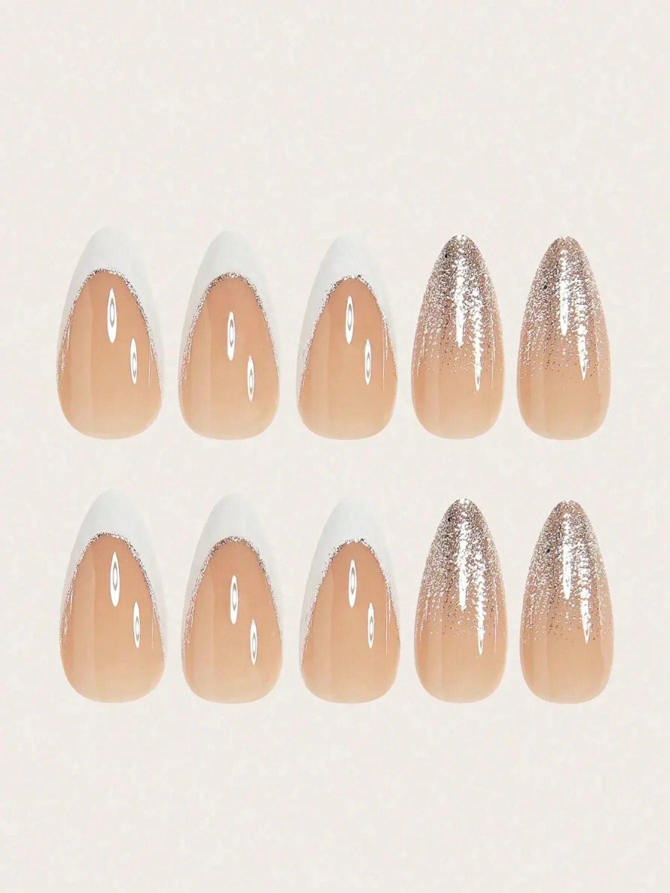 Set of nail art samples with beige and silver gradient designs on a white background
