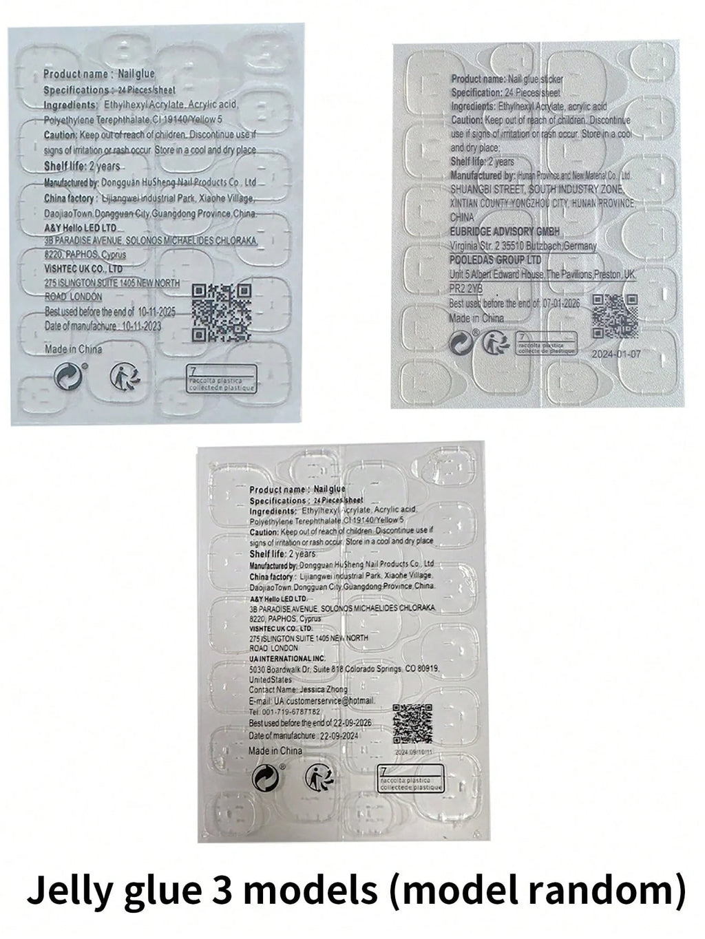 Three packaging models of jelly glue with QR codes and text on a white background