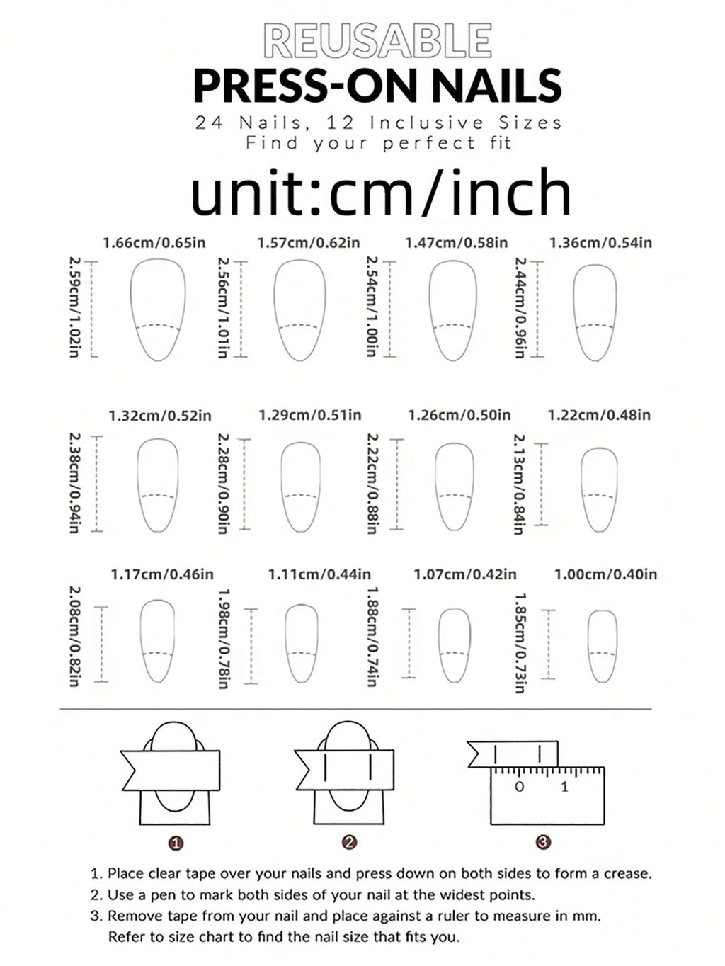 Measurement chart for reusable press-on nails with dimensions in centimeters and inches.