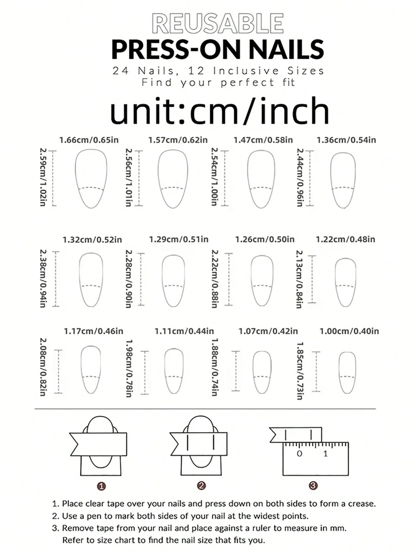 Measurement chart for reusable press-on nails with dimensions in centimeters and inches.