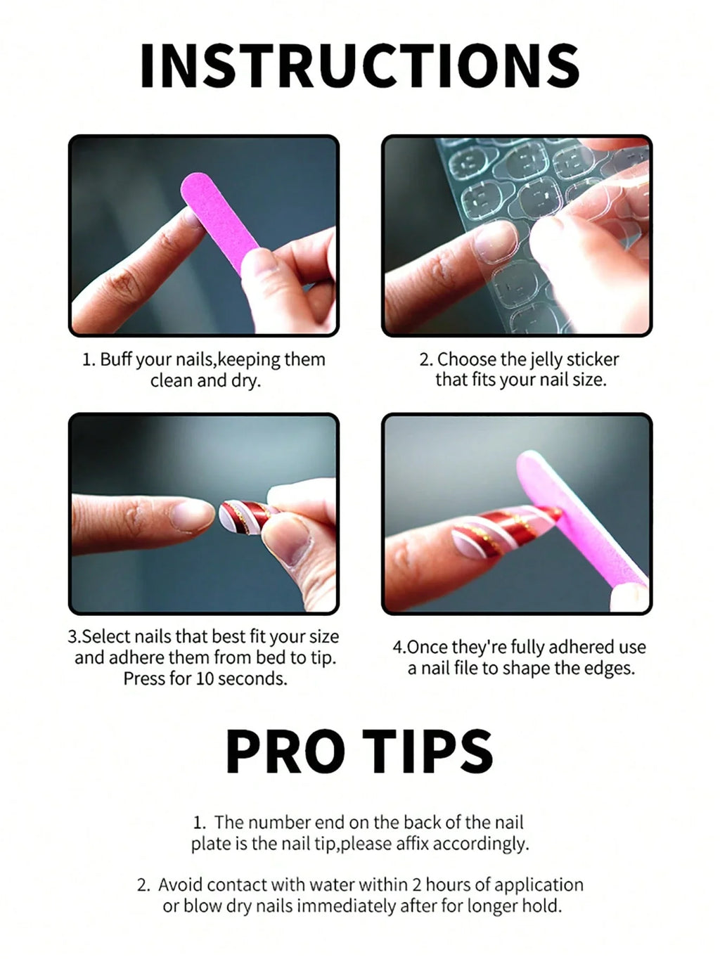 Instructions for applying nail extensions with images and text on a white background