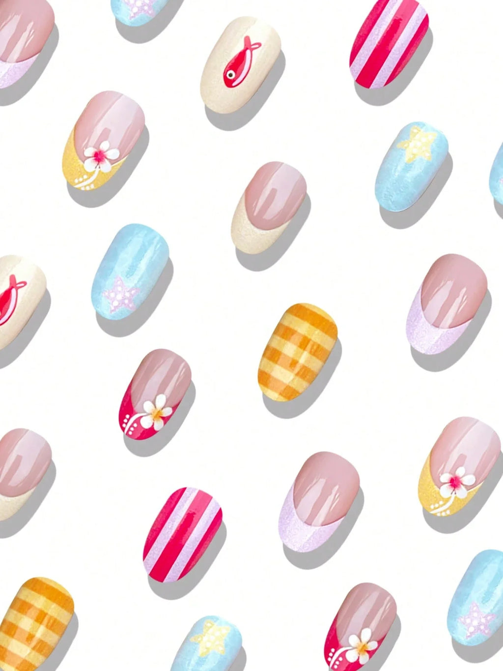 Pattern of colorful nail art designs on a white background