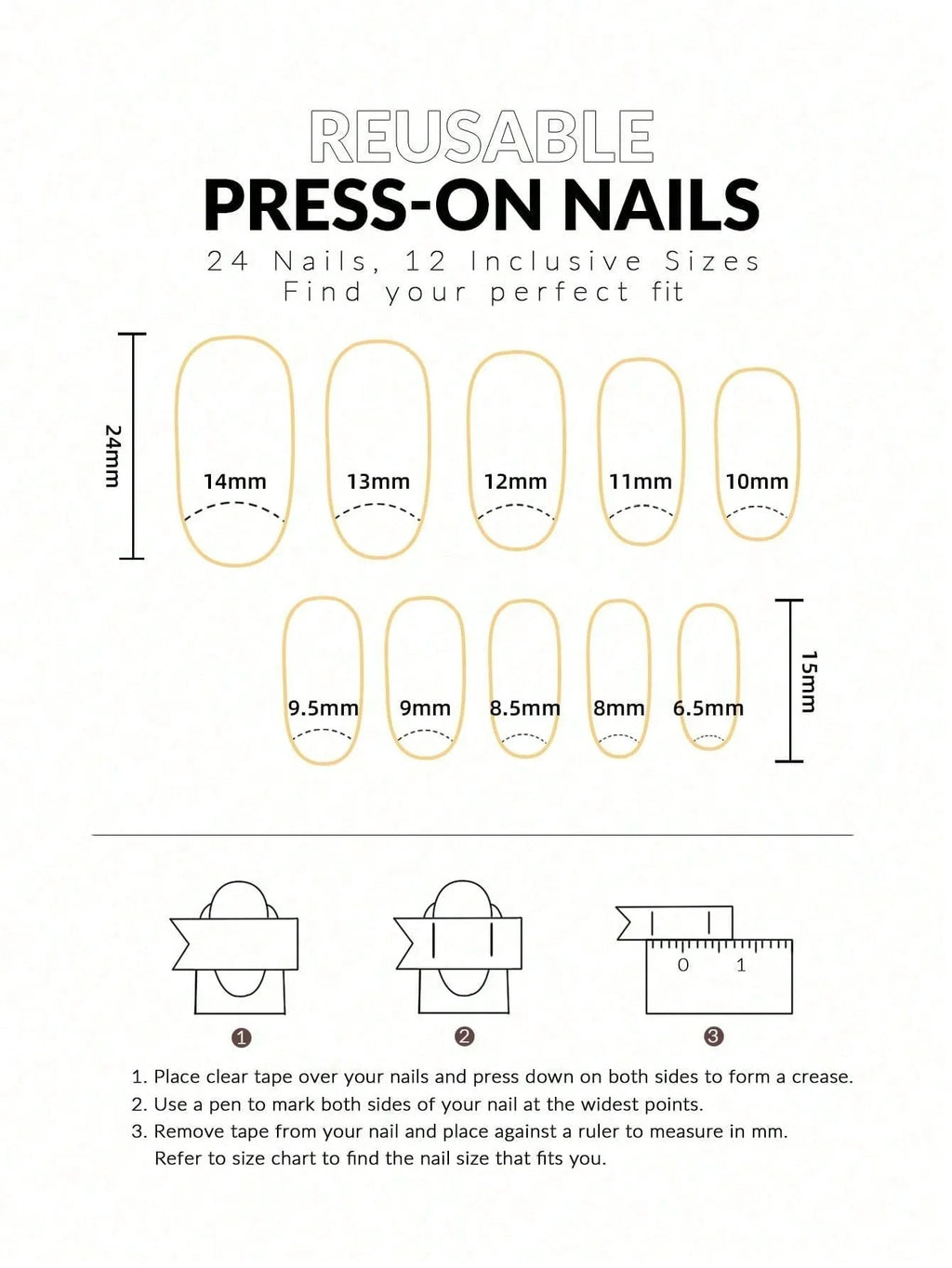 Chart showing dimensions and sizes of reusable press-on nails with measurements in millimeters.
