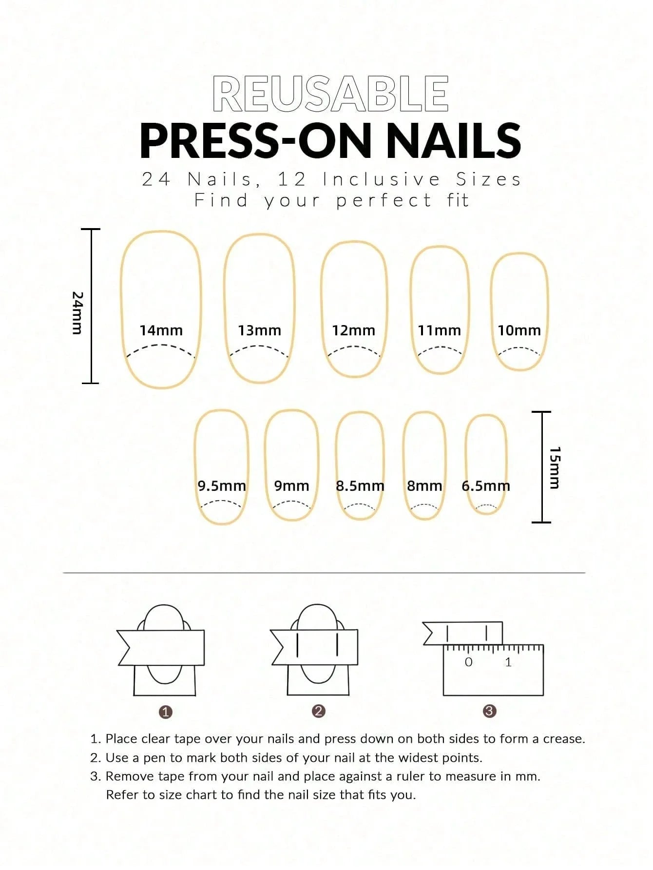 Chart showing dimensions and sizes of reusable press-on nails with measurements in millimeters.