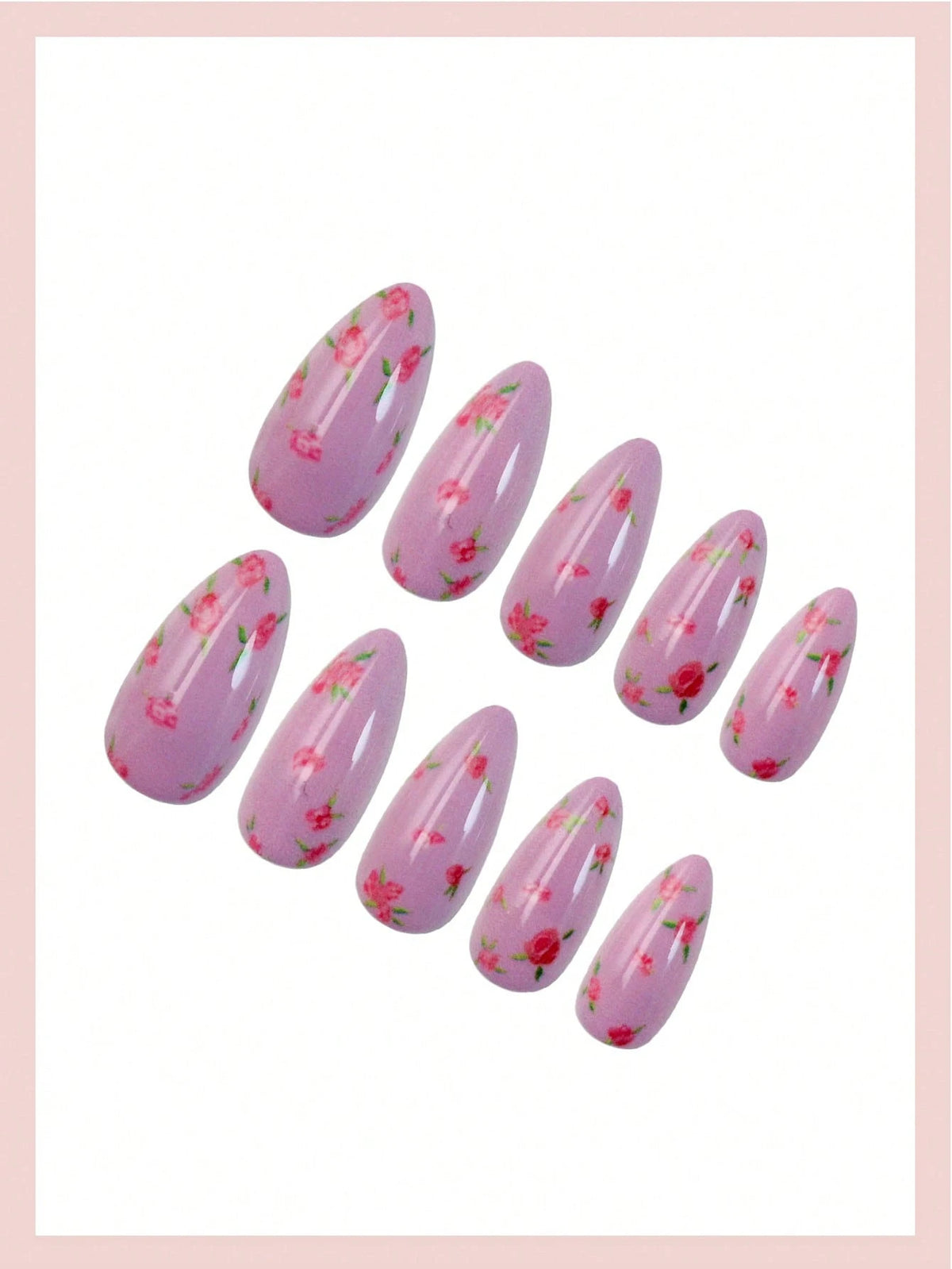 Floral - 24 Set Glossy Pink Oval Medium Press on Nails - GlamGrip Beauty