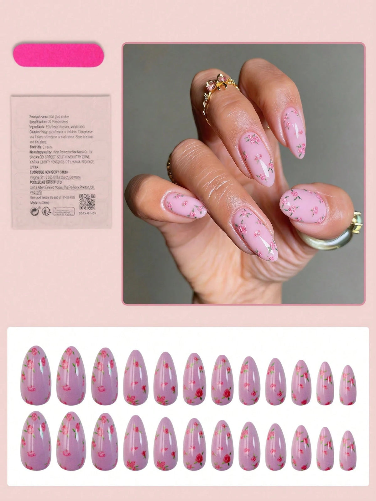 Floral - 24 Set Glossy Pink Oval Medium Press on Nails - GlamGrip Beauty