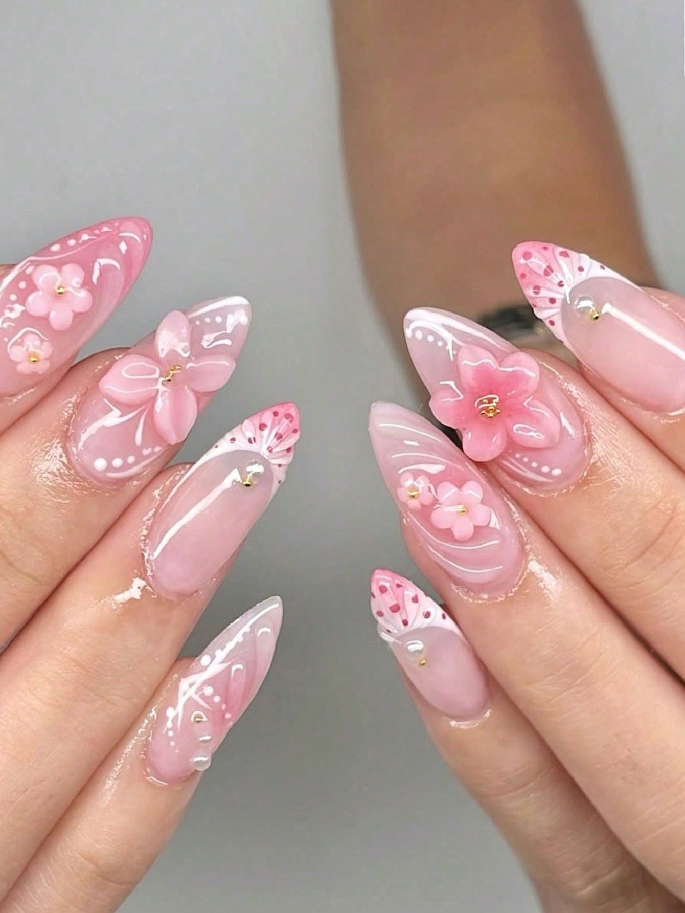 Flower - 24 Set French Almond Press On Nails