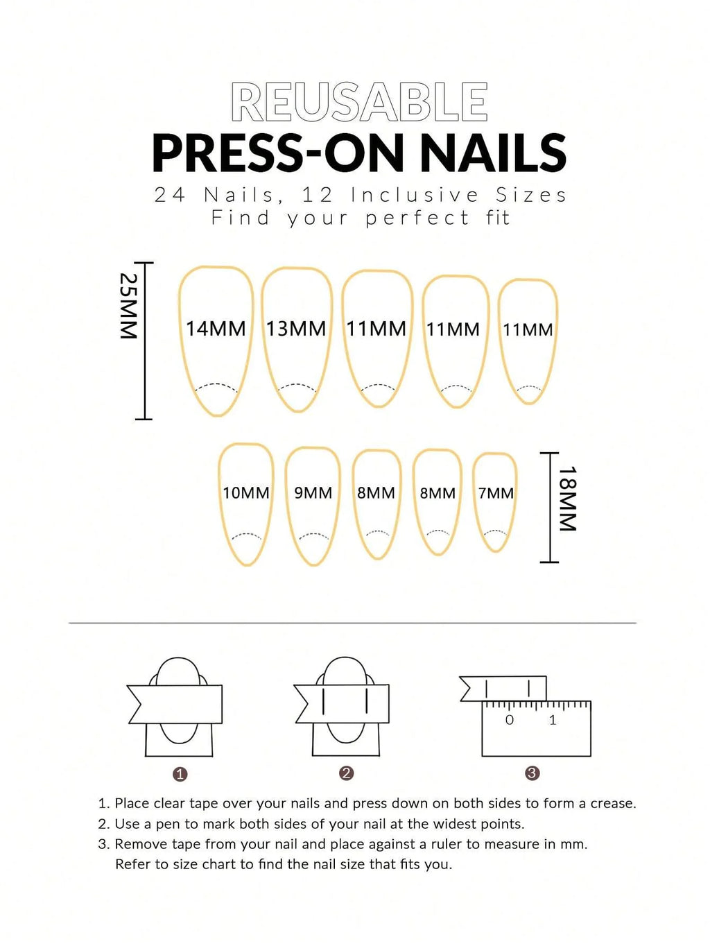 Diagram of reusable press-on nails with size chart and measurement guide on a white background.
