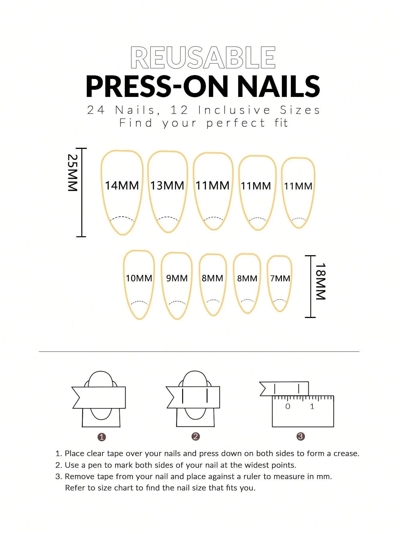 Diagram of reusable press-on nails with size chart and measurement guide on a white background.