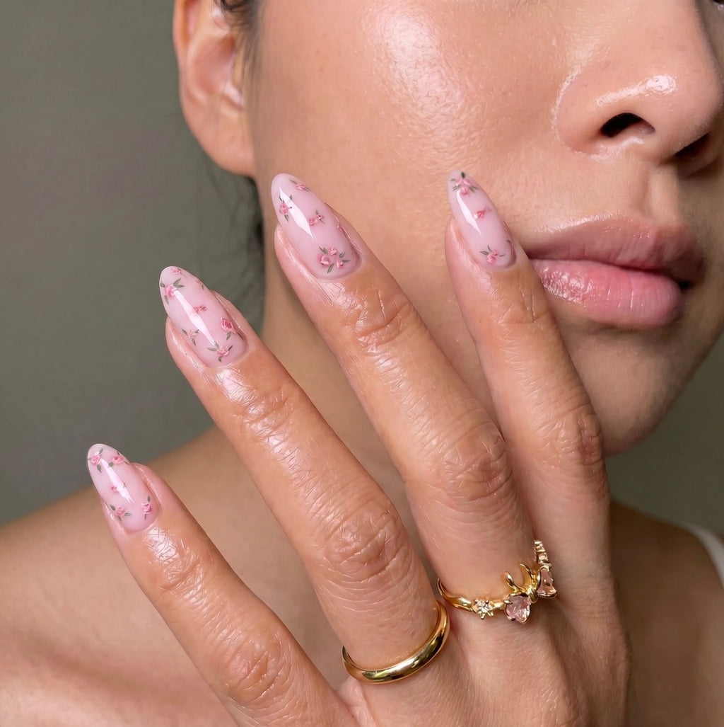 Floral - 24 Set Glossy Pink Oval Medium Press on Nails
