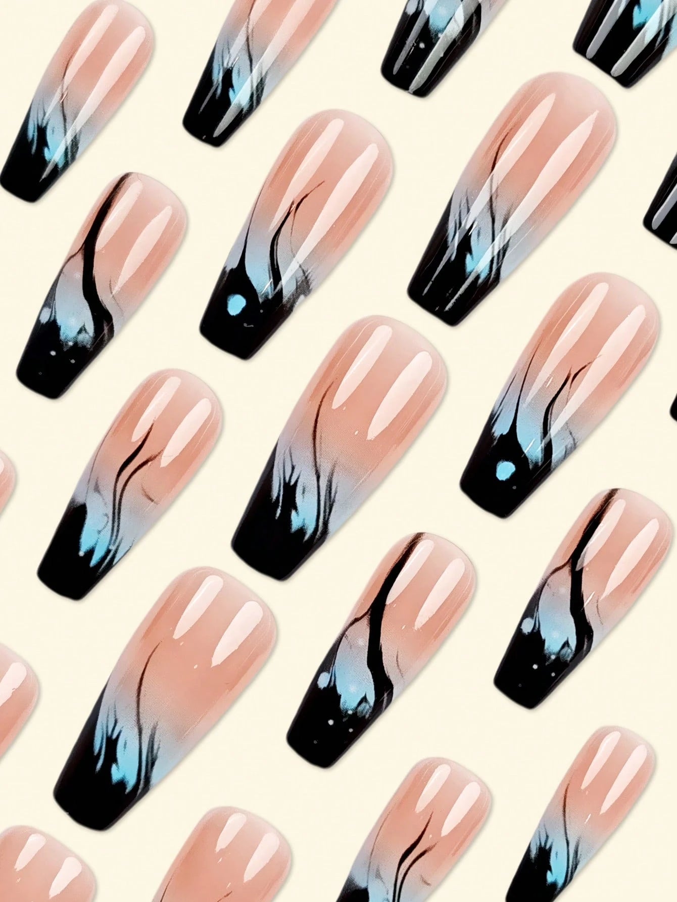 Pattern of gradient nail designs with black, blue, and beige colors on a beige background.