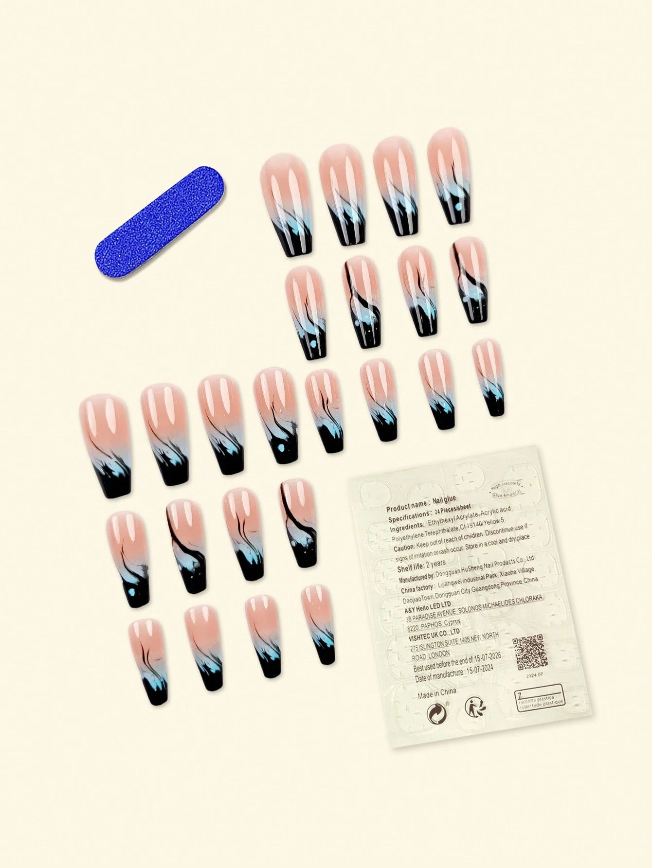Set of press-on nails with gradient design and a blue tool on a beige background